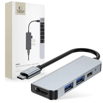 USB-C šakotuvas Tech-Protect V2 4in1 (HDMI, USB 3.0, USB 2.0, USB-C), pilkas