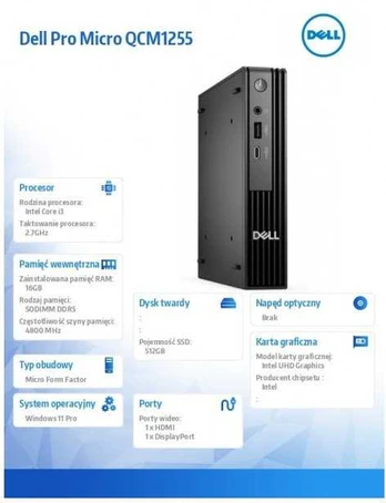 Komputer Dell Pro Micro QCM1250 Intel Core i3-14100T 16 GB 512 GB SSD Windows 11 Pro