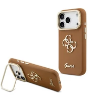 Guess PU Grained 4G Logo Stand Camera Frame Case for iPhone 17 Pro Brown