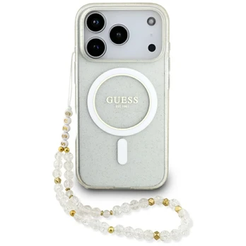 Dėklas Guess IML Glitter Pearl Strap MagSafe do iPhone 17 Pro permatomas