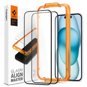 Juodas apsauginis grūdintas stiklas Apple iPhone 15 telefonui "Spigen AlignMaster Glas tR 2-Pack"