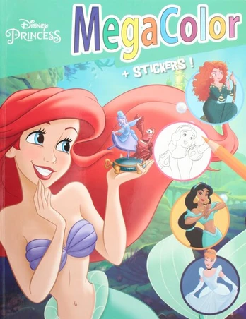 SPALVINIMO KNYGELĖ DISNEY PRINCESĖS MEGA SPALVA SU LIPDUKAIS MERIDA ARIEL PELENĖ