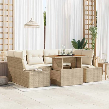 Sodo sofa komplektas 7 dalių Smėlio spalvos Ratanas