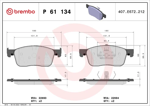 Stabdžių trinkelių rinkinys, diskinis stabdys BREMBO P61134