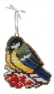 Cross-stitch on wooden base "Christmas tree toy. Titmouse" SO-071