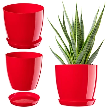 Vazonas Kadax 18 cm, plastikinis, su padėklu, raudonas