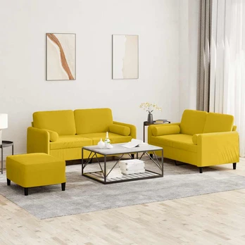 Sofa Sofos komplektas su pagalvėmis, 3 dalių, geltonas, aksomas