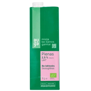 Ekologiškas pienas be laktozės AUGA, 2,5% rieb., 1 l