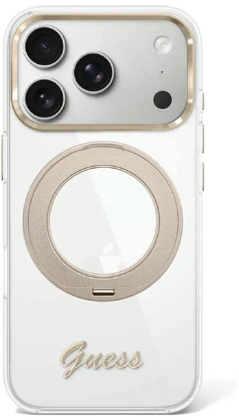 Dėklas Guess IML Ring Stand 360 Script Metal Logo MagSafe Case for iPhone 17 Pro / 18 Pro - Transparent