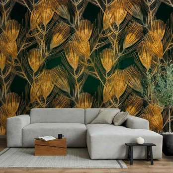 Artgeist Fototapetas - Golden peacock feathers - solid background with bird pattern on žalias background