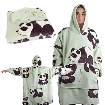 Didelio dydžio džemperis-pledas Panda su kapotonu, žalias