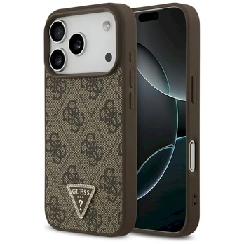 Dėklas Guess Leather 4G Triangle Strass MagSafe do iPhone 17 Pro ruda