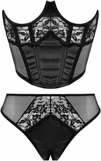 Ayisigi NEK Underbust Half Corset & Tiara Thong Set, Faux Leather, Lace, M