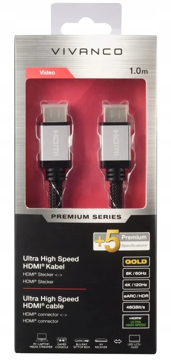 Hdmi - hdmi kabelis 1m 2.1 8k60hz earc 48gbit/s hdr10, dts, dolby Vivanco