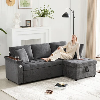 L formos sofa-lova su daiktadėže ir USB pilka