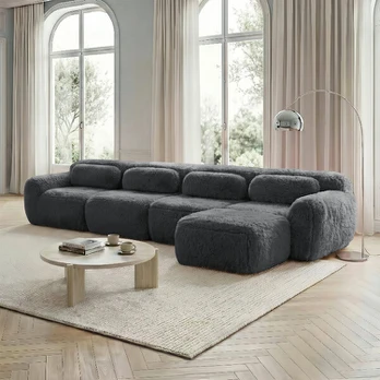 L-formos modulinė sofa, 32D putos, pliušas, 4 vietų, pilka