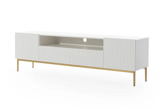 Tv Set Nicole 200 Cm With Open Shelf - White Mat / Golden Legs