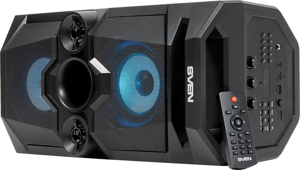Sven PS-655 2x25W; LED display; TWS; FM radio; AUX; USB/SD-card support;Lighting; Microphone input (karaoke); Remote Control; Built-in equalizer
