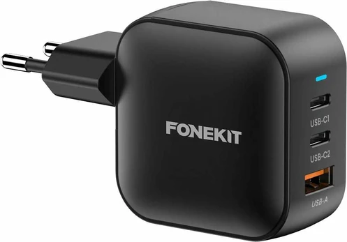 FoneKit GaN PD 70W -verkkovirtalaturi, USB-C + USB-C + USB-A, musta