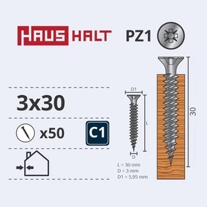 Medsraigtis Haushalt, 3 x 30 mm, balta, 50 vnt.