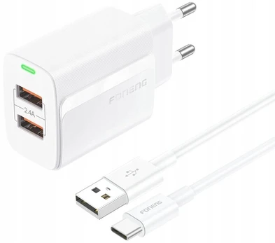 Įkroviklis 2xusb 12w su Usb-c kabeliu, baltas