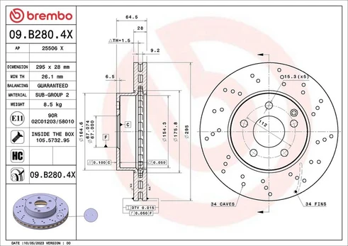 Stabdžių diskas BREMBO 09.B280.4X