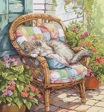 Siuvinėjimo kryželiu rinkinys „Snaudulys terasoje“ 31,5×32 cm