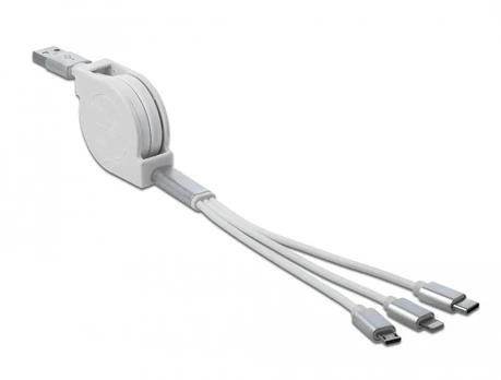DELOCK USB 3in1 ištraukiamas 8 kontaktų įkrovimo kabelis / Micro USB / USB Type-C baltas
