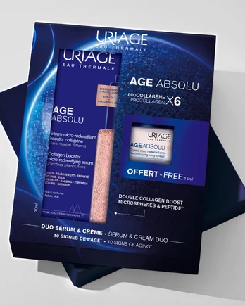 Uriage AGE ABSOLU MICRO-REDENSIFYING SERUM + Rožinis CREAM CASE 2 pcs