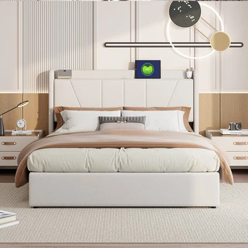 Lova 140*200cm, su USB jungtimi, lininė, smėlio spalvos