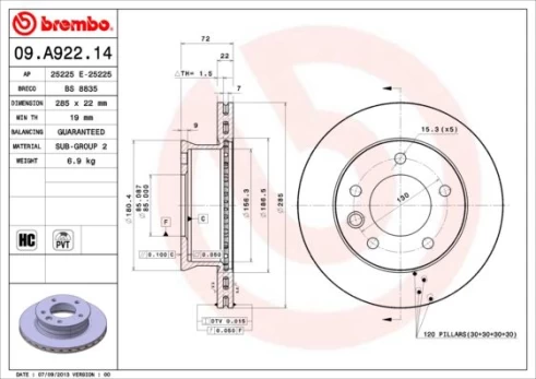 Stabdžių diskas BREMBO 09.A922.14