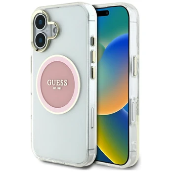 Dėklas Guess IML Metal Colored Circle Classic Logo MagSafe do iPhone 16 rožinė