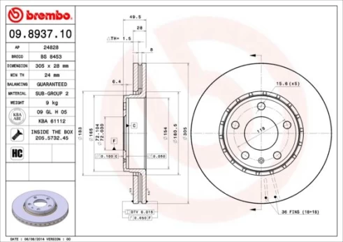 Stabdžių diskas BREMBO 09.8937.11