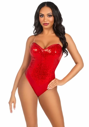 Sequin Boned Bodysuit with Detachable Straps, Snap Closure, Silver - S
