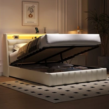 Platformos lova su LED ir USB, 160x200 cm, balta, 2 dėžės