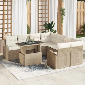 9 dalių sodo sofa rinkinys su pagalvėmis smėlio poli ratanas
