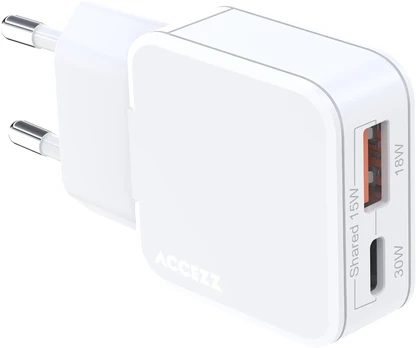 Accezz Ultra Slim GaN įkroviklis – USB-C + USB-A – 30 W – Baltas