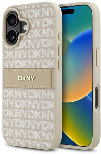 Dėklas DKNY PU Leather Repeat Pattern Tonal Stripe Case for iPhone 16 Plus Rožinė