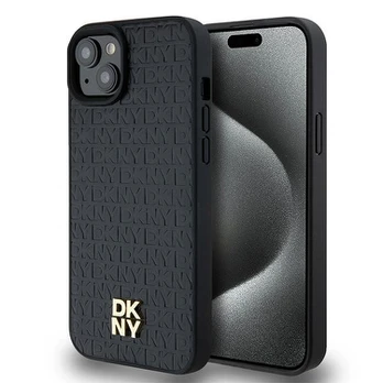 Dėklas DKNY PU Leather Repeat Pattern Stack Logo MagSafe Case for iPhone 15 Plus Juodas