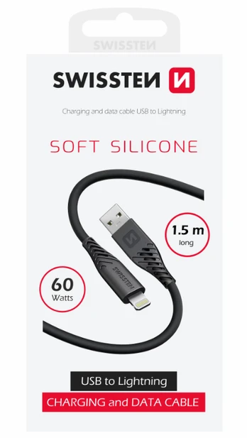 Swissten minkštas silikoninis duomenų kabelis USB / Lightning 1,5 m / 60 W