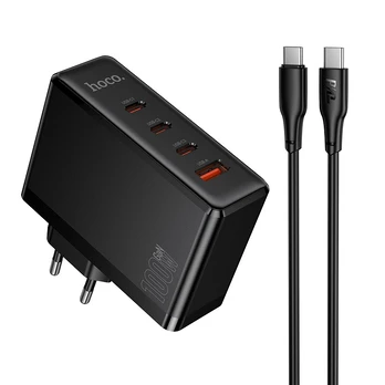 Įkroviklis Hoco N85 100W 3xUSB-C/USB-A + USB-C to USB-C 100W cable 2.0m juodas