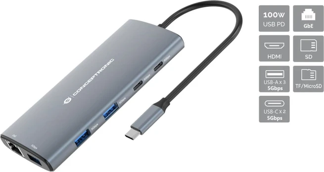 HUB USB Conceptronic CONCEPTRONIC 10-in-1 Dock USB-C-> HDMI,2xUSB-C,3xUSB-A,SD sw