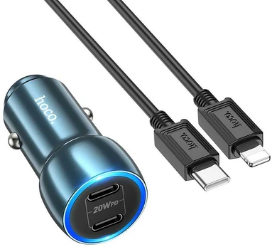Dėklas HOCO car charger 2x Type C + cable Type C to iPhone Lightning 8-pin 40W Z48 sapphire mėlynas