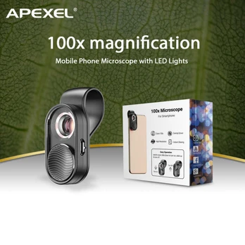 Universlus Macro telefono objektyvas su LED APEXEL Microscope X100