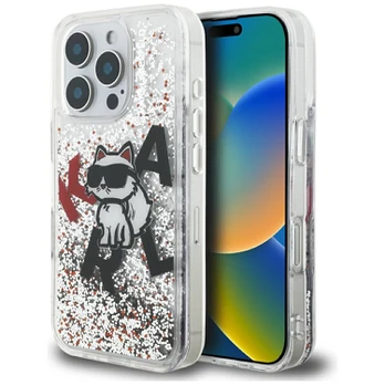 Dėklas Karl Lagerfeld Liquid Glitter Choupette Logo do iPhone 16 Pro Max permatomas