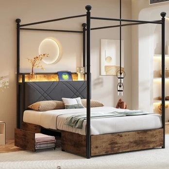 Geležinė lova su baldakimu, LED, USB, 90x190 cm