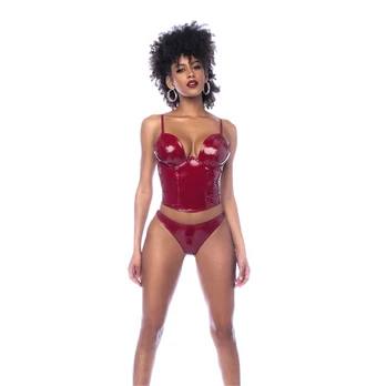 Allure Two-Piece Vinyl Bustier Set Gloss Wine Red M Adjustable Straps