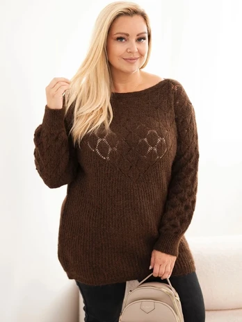 Moteriškas Plus Size megztinis su ažūriniu raštu, rudas