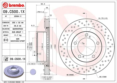 Stabdžių diskas BREMBO 09.C500.1X