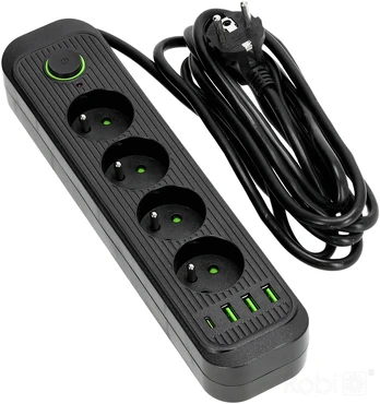 Ilgintuvas, 4-vietis, juodas, 3000mm, su USB